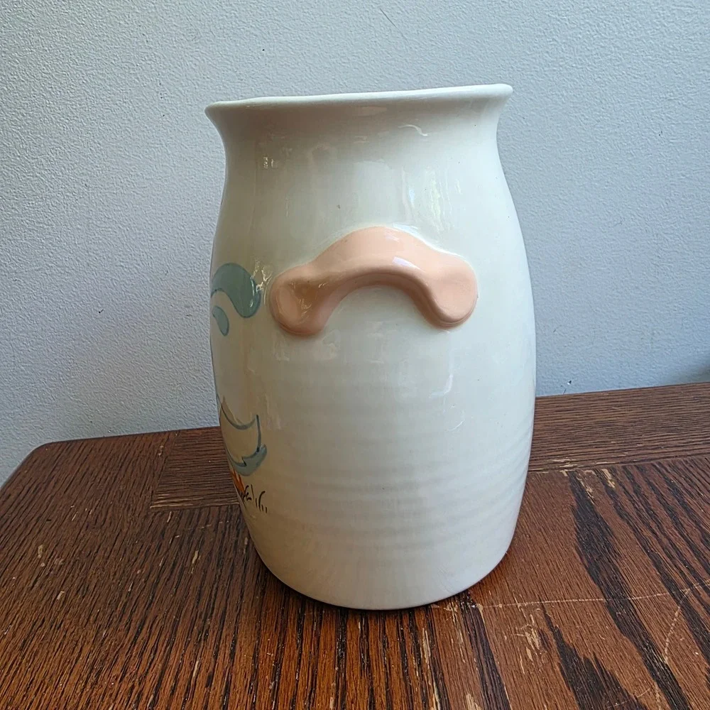 Vintage Handmade Ceramic Goose Crock Vase 80s 90s Kitchen Cottagecore Blue Pink